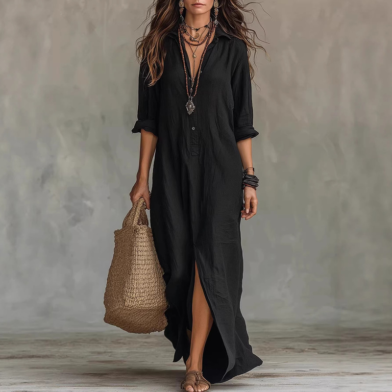 2026 Spring/Summer Cross-Border Casual Solid Color Lapel Front Slit Long Dress Cross-Border Loose Dress