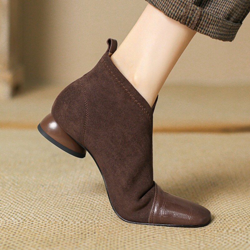 French Design Splicing Fashion Versatile Square Toe Fashion Short Boots for Women 2025 Autumn and Winter New Short Boots