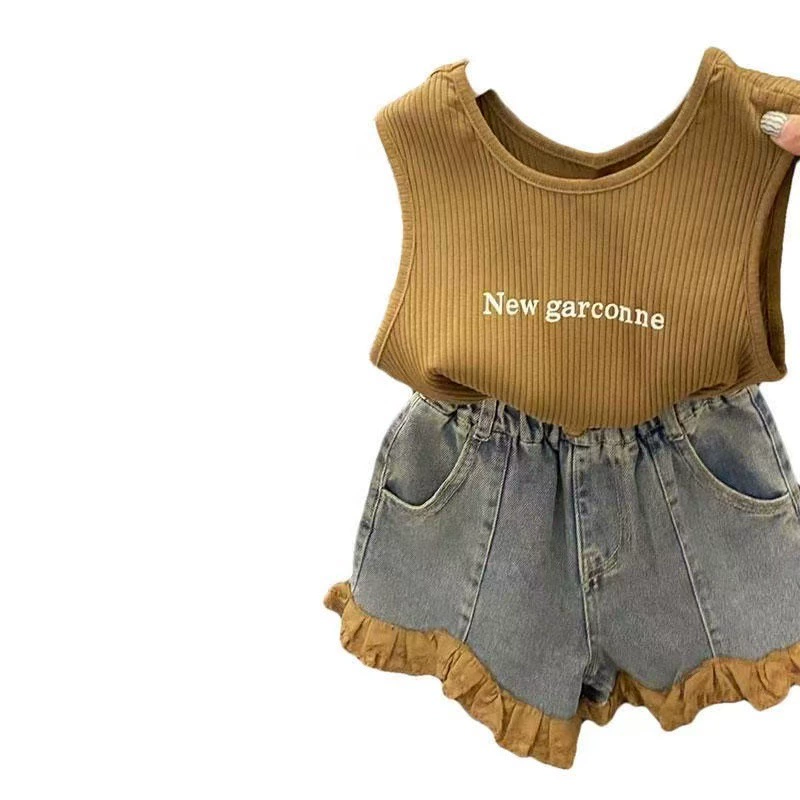 Fashionable universal vest with letters, denim skirt, shorts, trousers, summer clothing, set, western style, internet celebrity