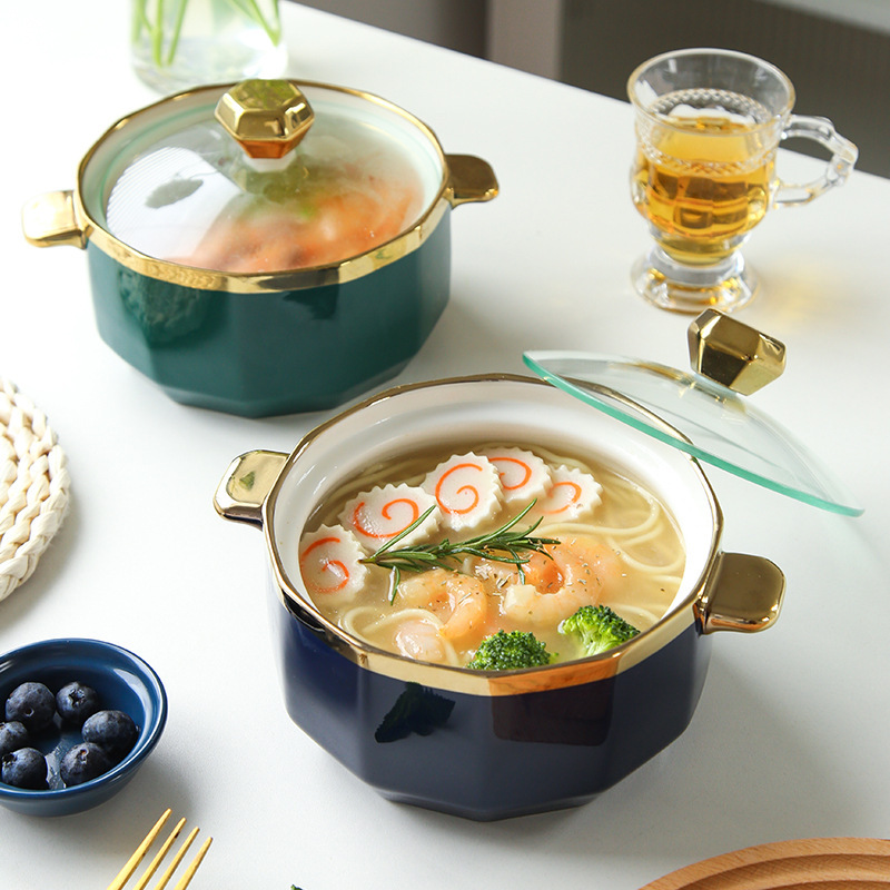 Light Luxury Emerald Phnom Penh Noodle Bowl Household Ceramic Distinctive Creative Binaural Bowl with Lid One-person Soup Bowl Light Luxury Emerald Phnom Penh Noodle Bowl Household Ceramic Distinctive Creative Binaural Bowl with Lid One-person Soup Bowl