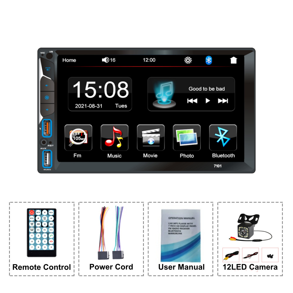 7101 Car Mp5 Bluetooth Player with High-Definition Touch Screen, Reversing Image, Fm Radio, Dual USB Ports