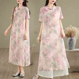 2025实拍现货新款苎麻印花斜襟盘扣禅意茶服短袖连衣裙