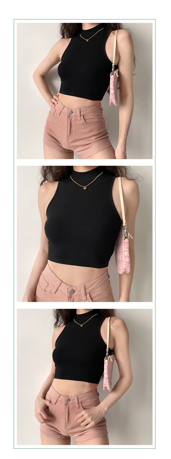 84g Weight Short Sleeve Sleeve Length Polyester Fabric Type Short Top Length Wrap Crop Top Tops Type Holiday Occasion High Neck Neckline Slim Fit Type Solid Color Pattern Summer, Autumn Season Women's Gender Casual Style Wholesale Women's Casual Solid Color Short Sleeve Tank Tops 12