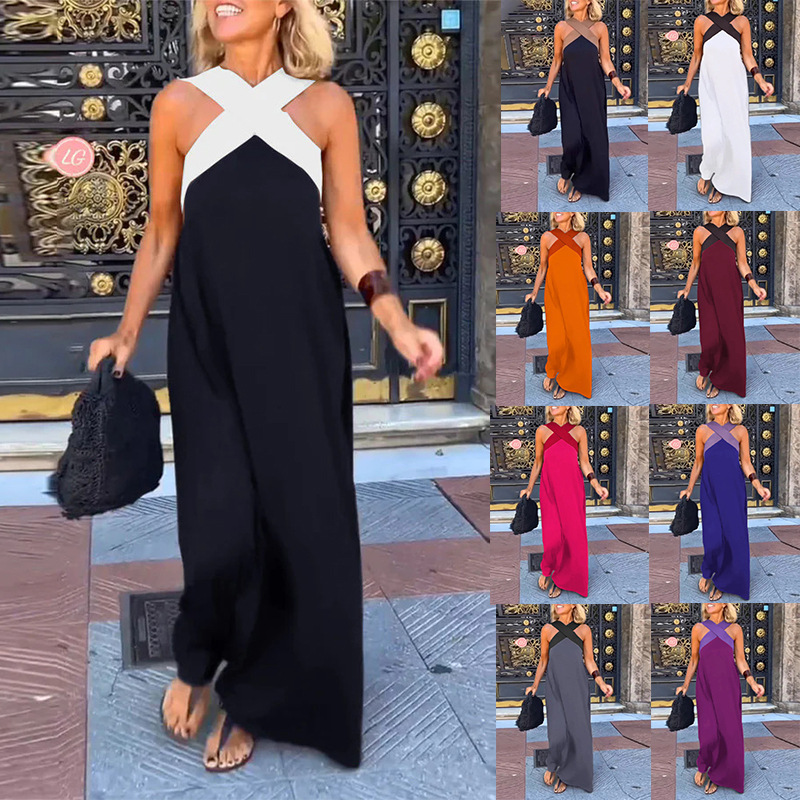 2025 Summer Cross-Border Popular Women's Clothing Contrasting Color Cross Collar Casual Dress Export Independent Station Hot Selling Long Skirt for Women