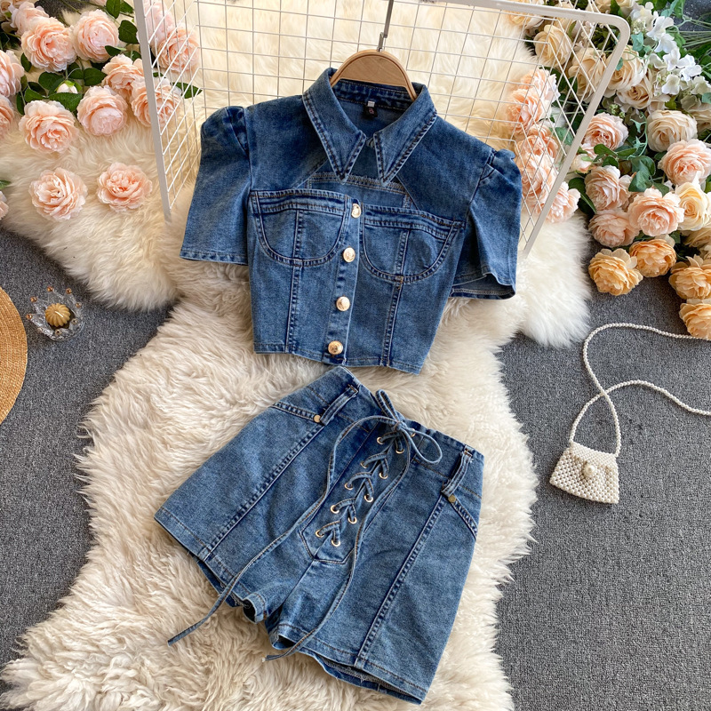 Foreign Trade Hong Kong Style Fashion Lapel Hollow Short-Sleeved Denim Top for Women High-Waisted Strappy Hot Pants Short Two