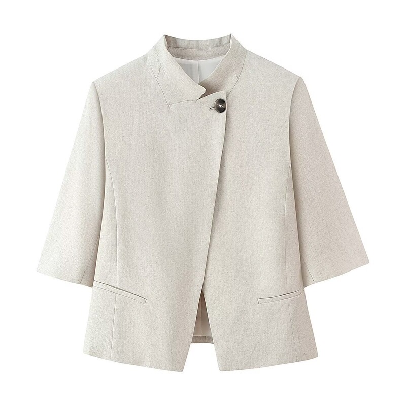 Cross-Border Women's Fashion 2026 European and American Style One-Button Asymmetrical Linen Blend Stand Collar Blazer for Women D17306