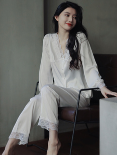 55 Pajamas for Women Spring Autumn Summer Ice Silk Thin Long Sleeve Sexy White High-Quality Autumn 2025 New Home Furnishing