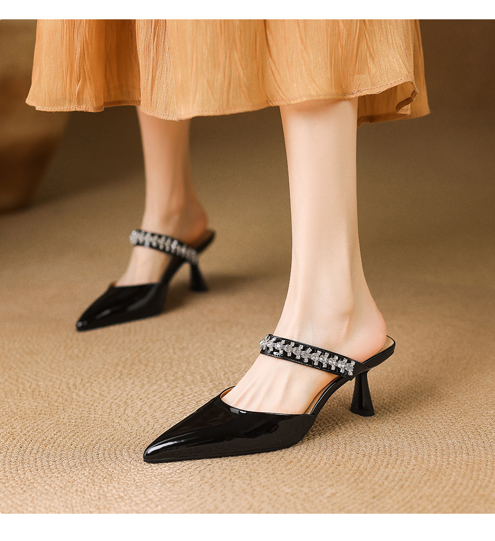 Giày sandal cao gót nữ mũi nhọn đính đá kiểu Pháp, gót nhọn 9 cm — đen chi tiết 7