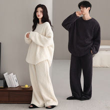 情侣珊瑚绒睡衣女秋冬季宽松圆领加绒男女生保暖家居服套装新款