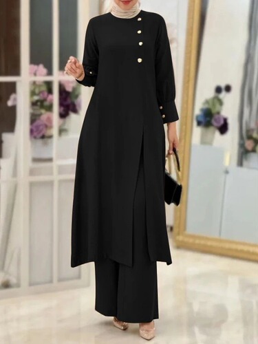 H718 Muslim Women's Fashion Elegant Solid Color Irregular Long Shirt Top Wide Leg Pants Robe