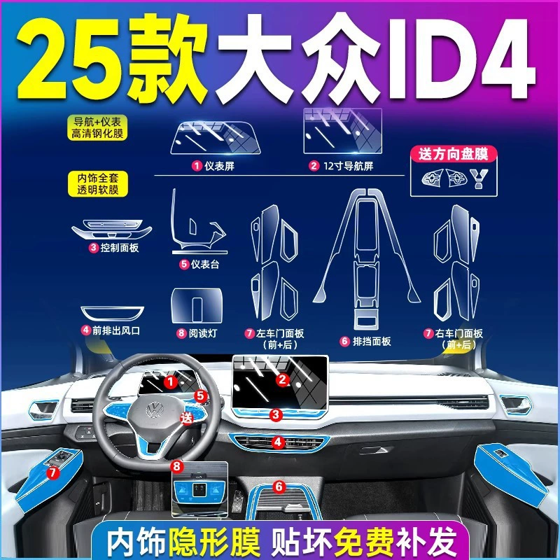 Подходит для 25 Volkswagen ID4, защита салона, 4X экран, закаленная пленка, пленка для центрального управления, принадлежности для украшения салона автомобиля