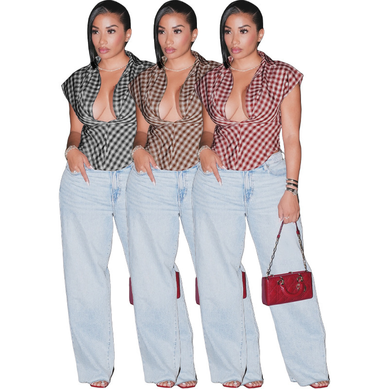 HR26017 European and American fashion women's clothing, plaid turn-down collar deep V-neck waist-cinching sleeveless short top HR26017 European and American fashion women's clothing, plaid turn-down collar deep V-neck waist-cinching sleeveless short top