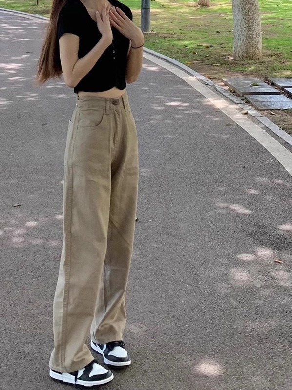 卡其色阔腿牛仔裤女夏高腰薄款显瘦宽松直筒阔腿裤女小个子垂感|undefined