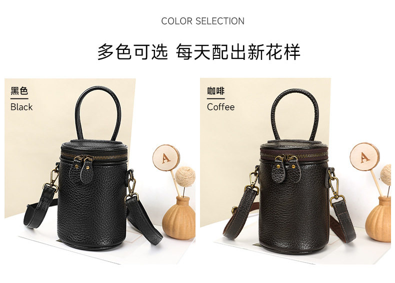 Túi xô tròn da thật nữ đeo vai xách tay đeo chéo phong cách retro cỡ trung — Cà phê, màu xám, màu đen chi tiết 10