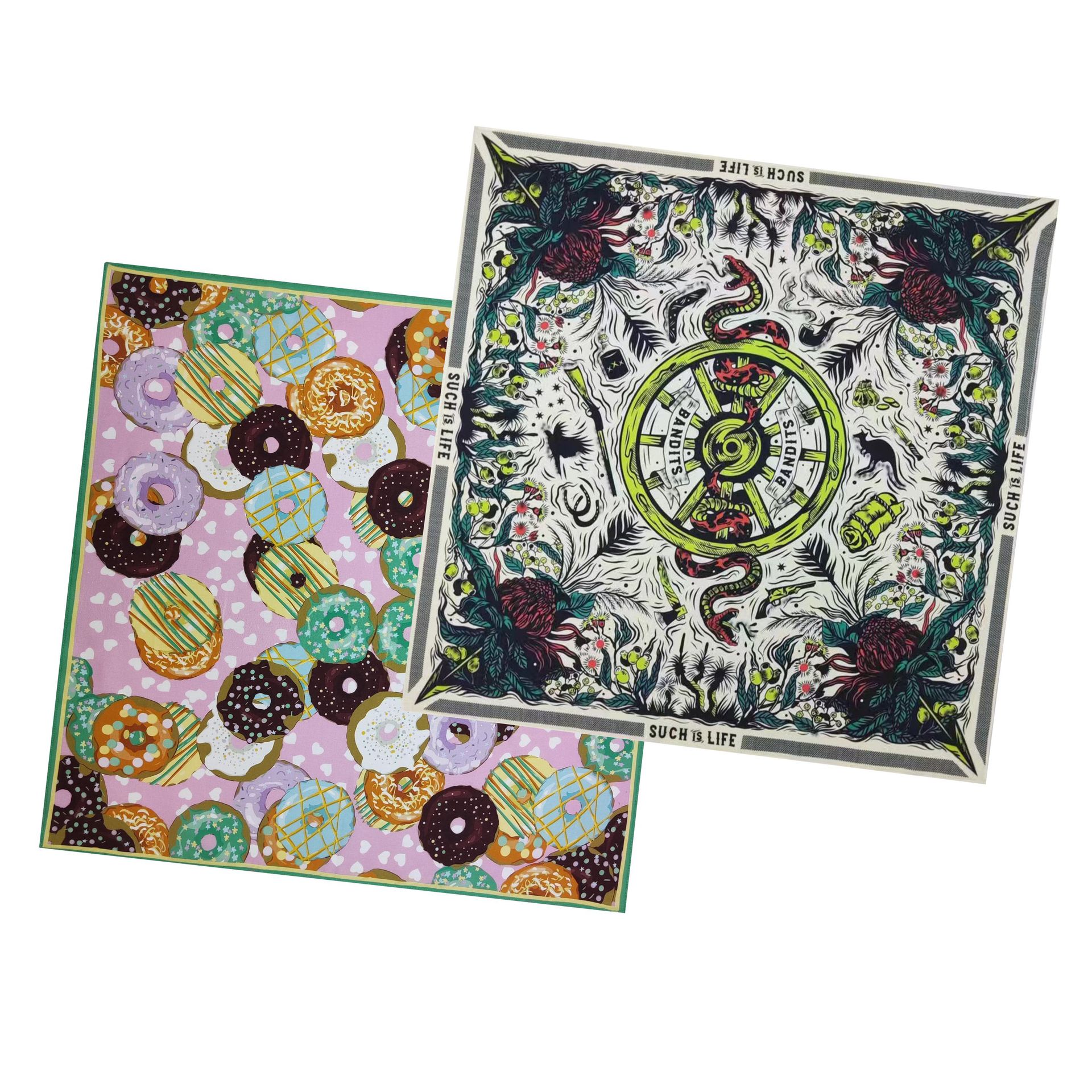 In-stock pure cotton donut party print headscarf, casual cycling face towel, multifunctional versatile square scarf