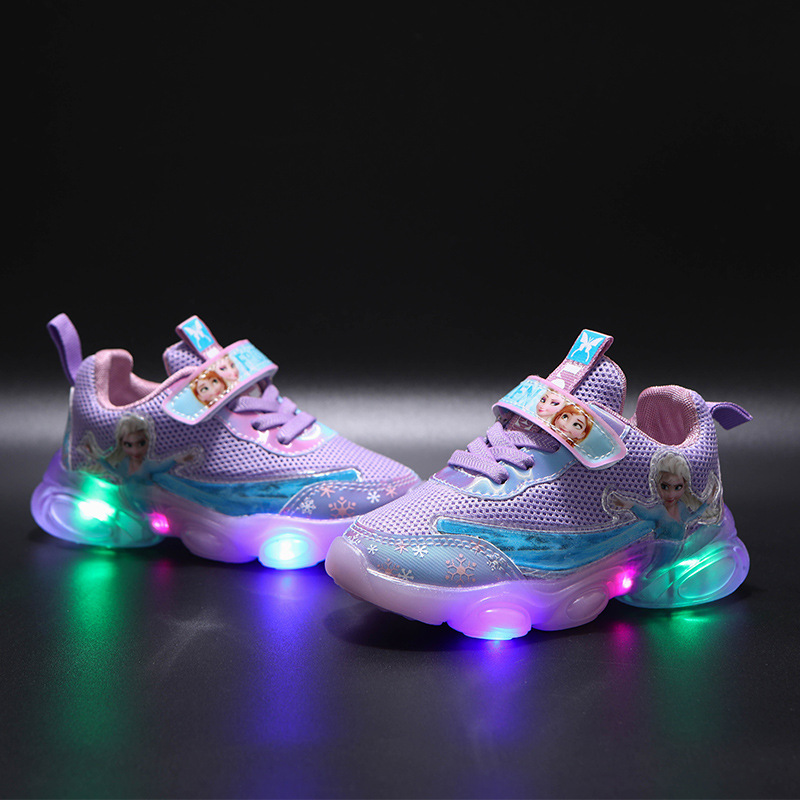 Light-up Elsa Women's Shoes 2023 Spring and Autumn New Mesh Breathable Children's Sports Shoes Children's Soft Sole Casual Shoes