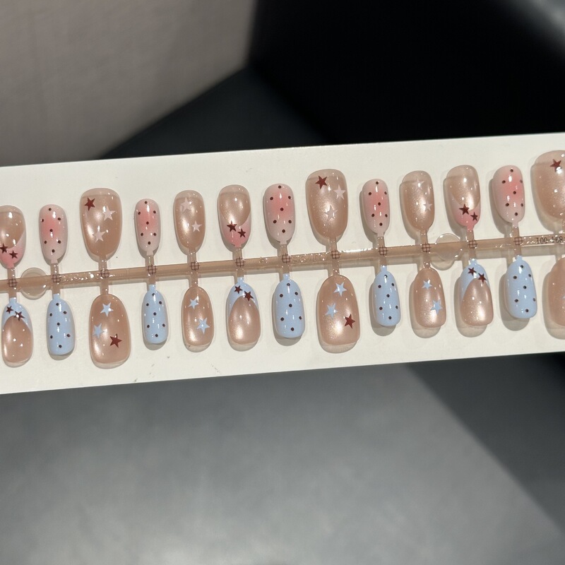 Wearable Blue and Pink Star Short Nail Tips, Popular European and American Style, Polka Dot Glossy Wearable Nail Tips, Export Model Nail Tips Wearable Blue and Pink Star Short Nail Tips, Popular European and American Style, Polka Dot Glossy Wearable Nail Tips, Export Model Nail Tips