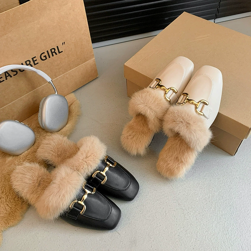 Баотоу полушерстяные шлепанцы женские наружные носки 2024 осень и зима новые толстые каблуки