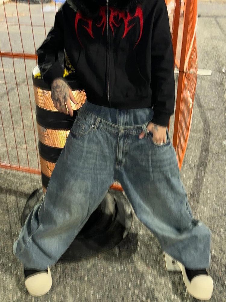 Gran tamaño de diseño americano deconstrucción de doble cintura cabeza jeans niños calientes retro suelta bf flojo viento slippers