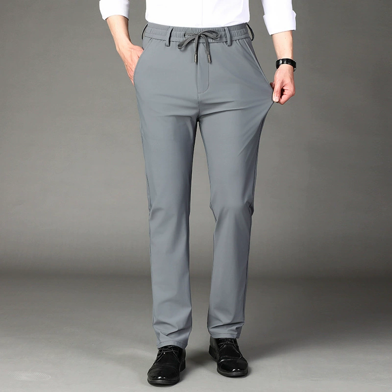 Мужские повседневные брюки с эластичной талией, летние прямые брюки из молочного шелка, деловой тонкий фасон, не мнуться, легкие и элегантные.