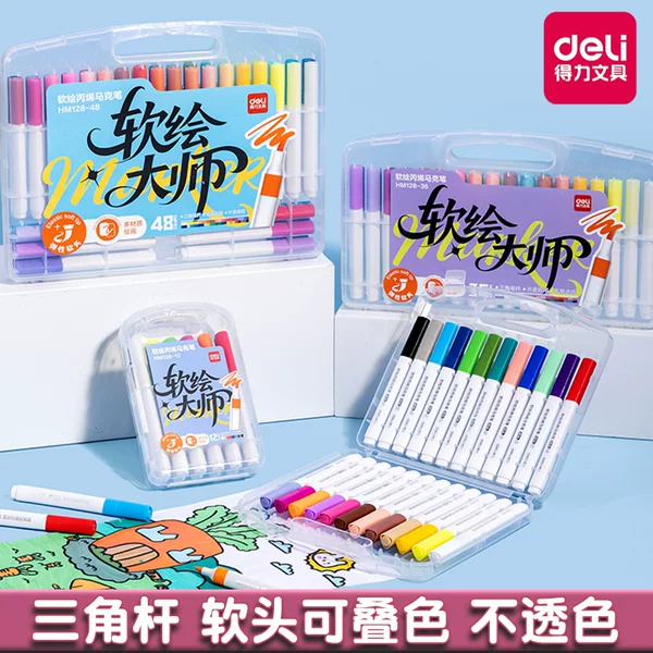 Deli Acrylic Marker Pen Set with Soft Tip, Creative Drawing and Graffiti Pens for Students, Watercolor Pens, Non-Transparent and Stackable Colors