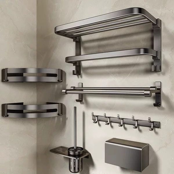 No-Drill Gunmetal Towel Rack Bathroom Space Aluminum Towel Holder Bathroom Hardware Accessory Set