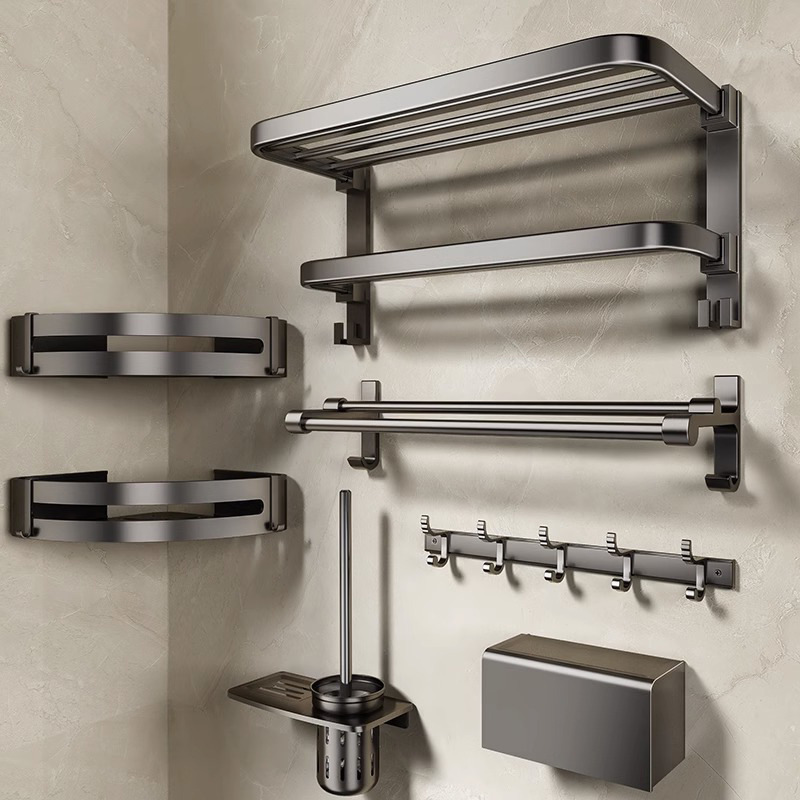 No-Drill Gunmetal Towel Rack Bathroom Space Aluminum Towel Holder Bathroom Hardware Accessory Set
