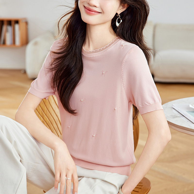 Cotton Cocoon Round Neck Loose Pink Inner Shoulder Knit T-Shirt Women's Summer chubby girl Slim-fit Short-sleeved Top