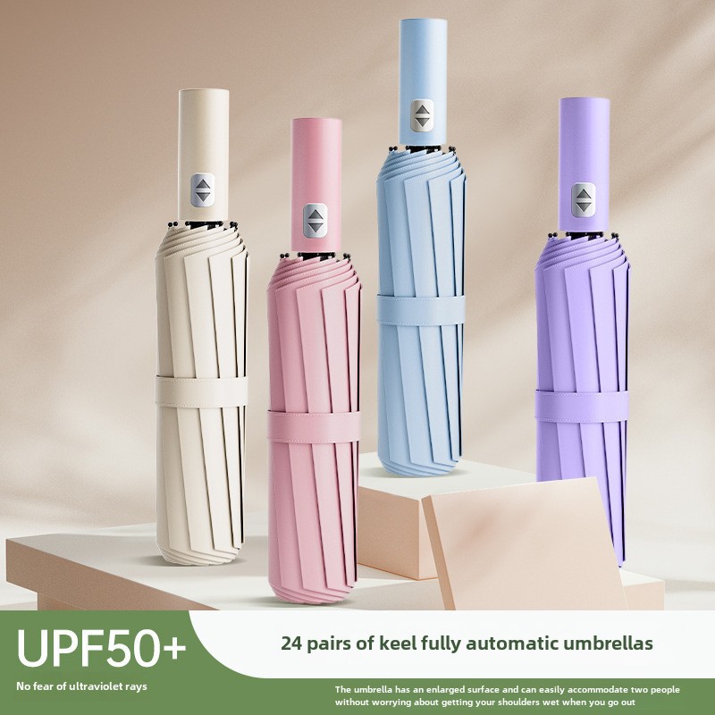 Fully Automatic Umbrella Customized Logo Rain and Sun Two-Use Large Reinforced Sunscreen UV Protection Folding Advertising Umbrella 