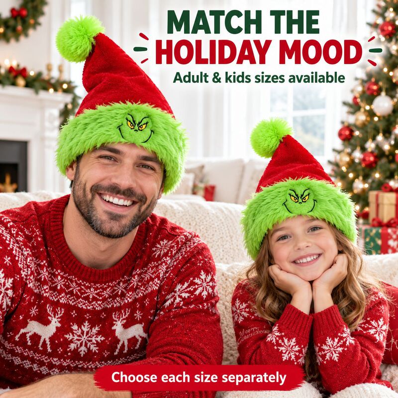 Cross-border Christmas Embroidered Green Plush Santa Hat Grinch Christmas Plush Hat Cosplay Decoration Prop Cross-border Christmas Embroidered Green Plush Santa Hat Grinch Christmas Plush Hat Cosplay Decoration Prop