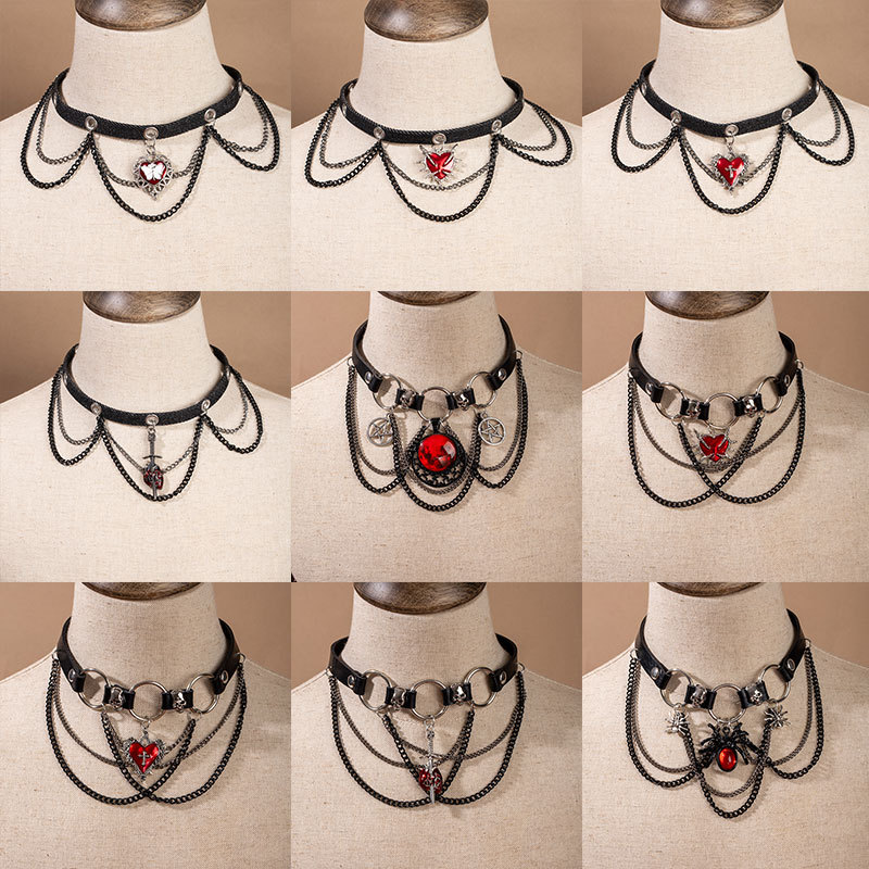 Estilo europeo y americano transfronterizo araña amor borla collar de cuero oscuro estilo punk collar femenino retro moda cool collar