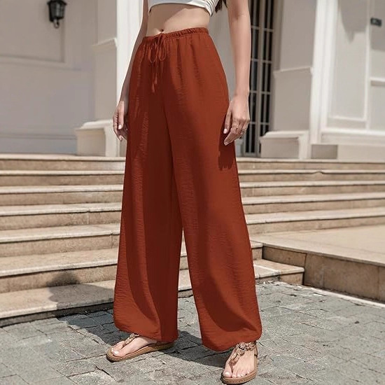 女士阔腿裤夏季波西米亚风宽松宽腿裤带抽绳弹力腰海滩休闲裤欧美
