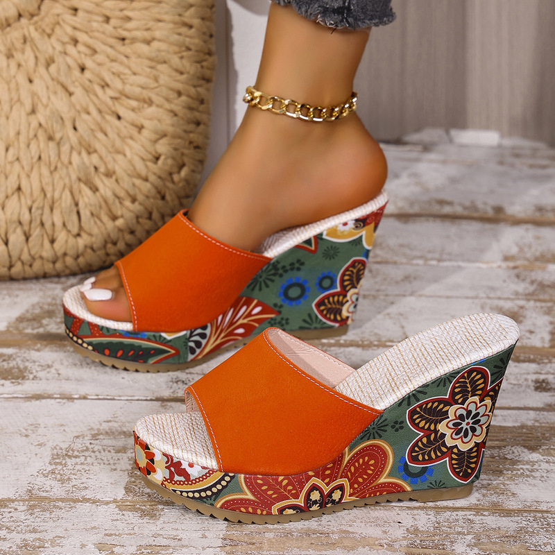 Women's Large Size One-Line Sexy Thick-Soled Sandals with Flower Pattern, Round Toe Open-Toe Platform Platform Colorful Slippers