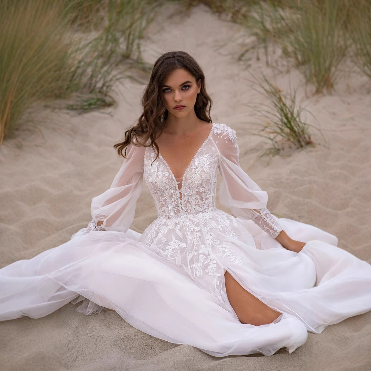 Cross-Border Foreign Trade Stylish Summer Amazon Wish Mesh Slit Dress Wholesale European and American New Style Light Wedding Dress