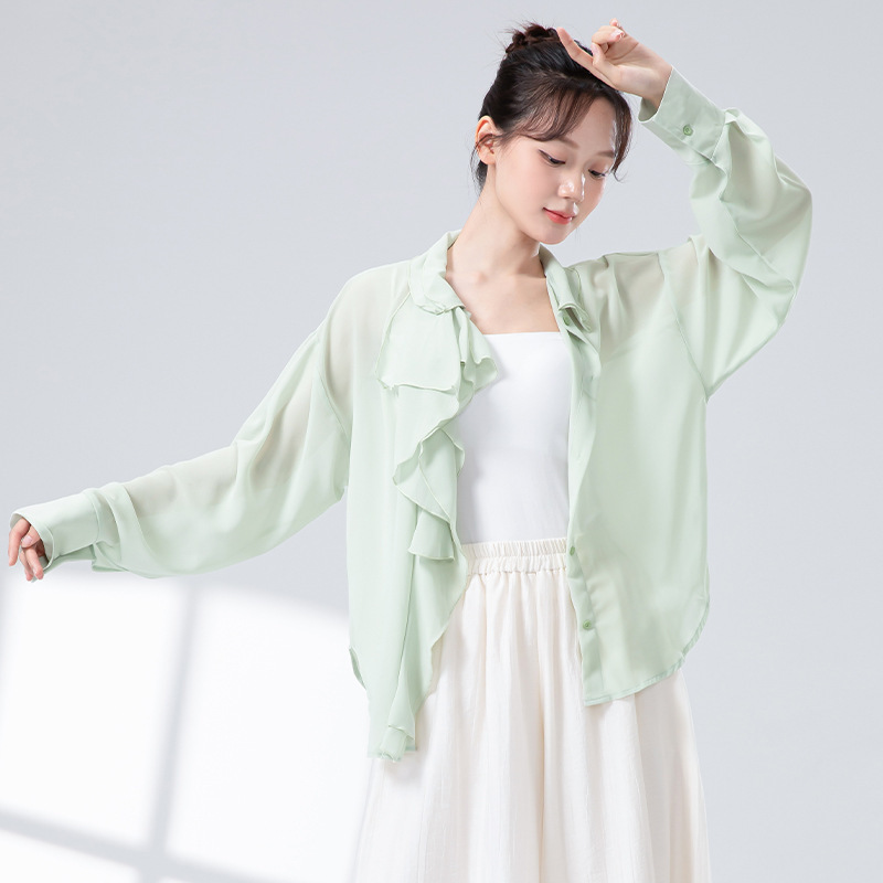 女性用モダンダンス服、新しいパールシフォンラペル長袖シャツ、日焼け止めシャツ、エレガントな練習服|undefined