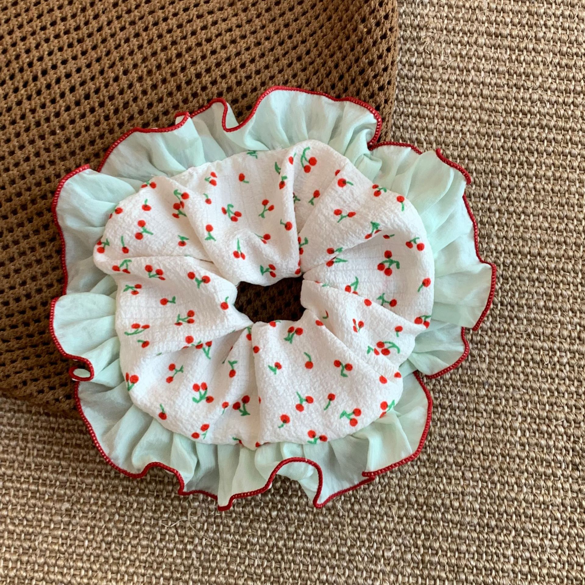 Verano rojo cereza textura de hilo suave bowknot coreano floral doble hechizo nuevo intestino grueso anillo para el cabello cuerda para el cabello accesorios para el cabello