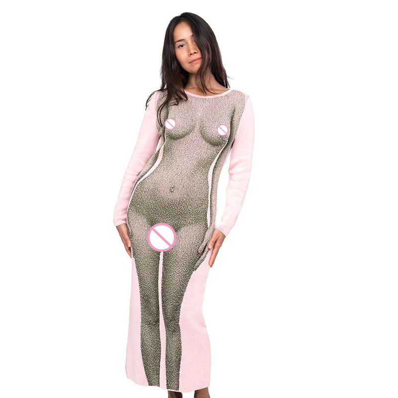 Round Neck Pullover Long-Sleeved Body Print Dress NSMG115066