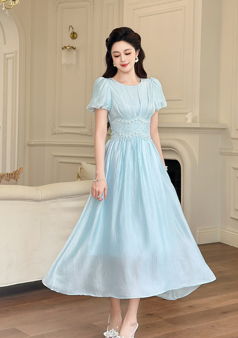 Đầm maxi nữ tay phồng thắt eo đính cườm dài qua gối — màu xanh chi tiết 11