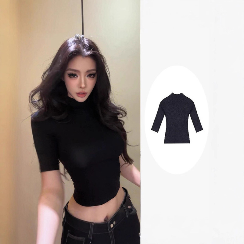 Academy-Style Black Half-High Collar Mid-Sleeve Five-Quarter Sleeve T-Shirt for Women, 2025 Summer Trendy Street Style Base Layer Top Academy-Style Black Half-High Collar Mid-Sleeve Five-Quarter Sleeve T-Shirt for Women, 2025 Summer Trendy Street Style Base Layer Top
