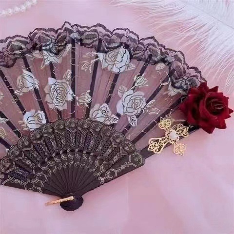 Ventilador de encaje de estilo de palacio retro magnífico abanico plegable de rosa europea retro fiesta de té oscuro espectáculo de manga accesorios para fotos