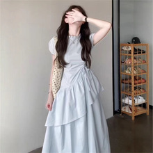 法式温柔风短袖蓝色连衣裙子女夏季设计感不规则气质抽绳蛋糕长裙