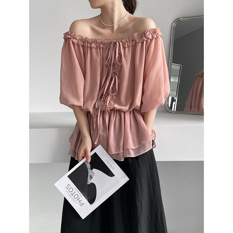 Ginger Qi Summer Fairy Style Gentle Lace Off-Shoulder Blouse for Women, Slim-Fit Waist-Cinching Shirt Top 610
