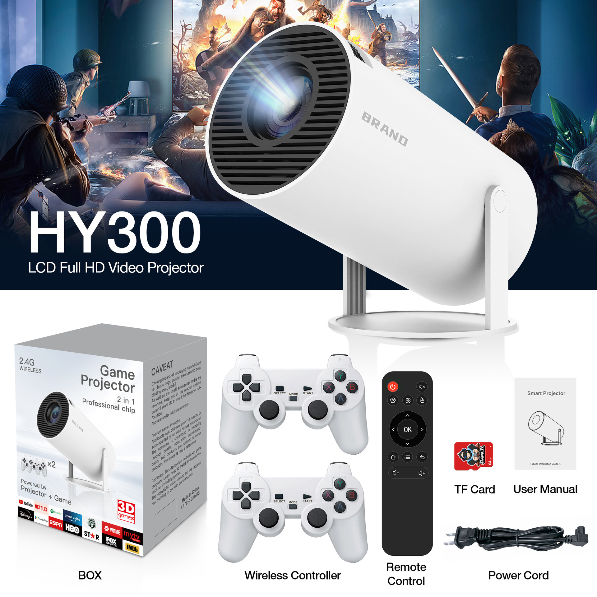 HY300 consola de juegos portátil proyector inteligente 720P Android 11 proyector LCD soporta HD 4K