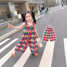 女童连体裤夏装新款休闲洋气泡泡格背带阔腿长裤中小童一件代发