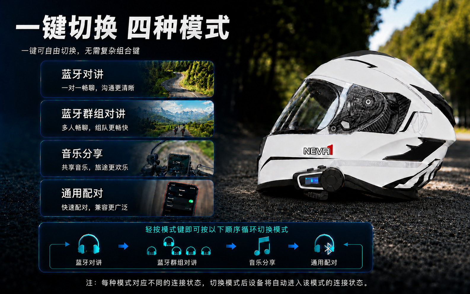 Riding helmet Bluetooth intercom headset 6-person one-button networking ideal intercom distance 2000 meters can be equipped with a third party