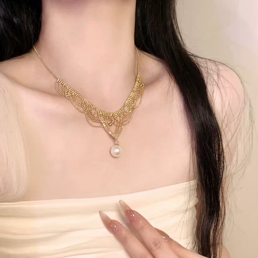 Colar de pérolas elegante com borla de renda estilo francês_voghion.com