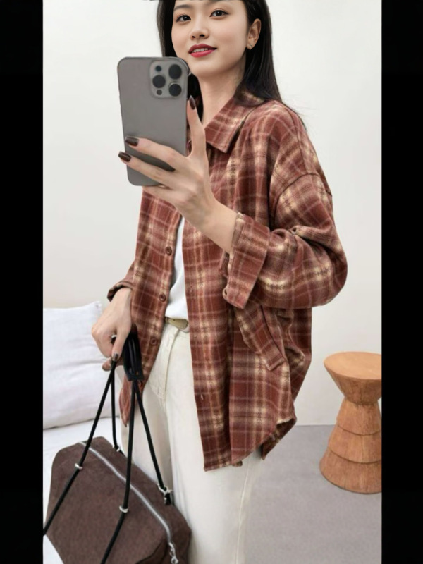 复古美拉德磨毛大码格子衬衫外搭女休闲宽松显瘦慵懒风衬衣上衣潮|undefined