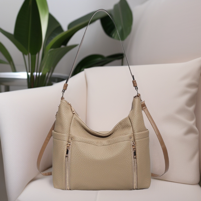 Light Khaki Pebbled Soft Leather Multi-Pocket Commuter Crossbody Bag, Large Capacity, Versatile, Textured Women's Bag, Versatile Style Light Khaki Pebbled Soft Leather Multi-Pocket Commuter Crossbody Bag, Large Capacity, Versatile, Textured Women's Bag, Versatile Style