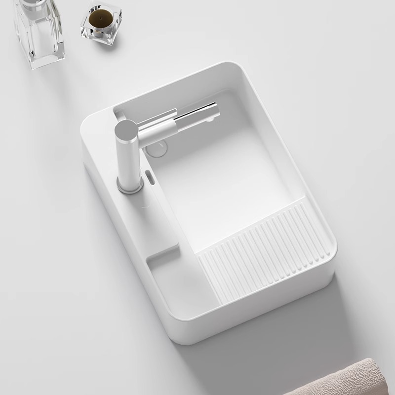 洗濯板付きシンプルセラミックカウンタートップ洗面器、バルコニー洗濯洗面器、家庭用カウンタートップ洗面器、左右側排水洗面器、シングル洗面器|undefined