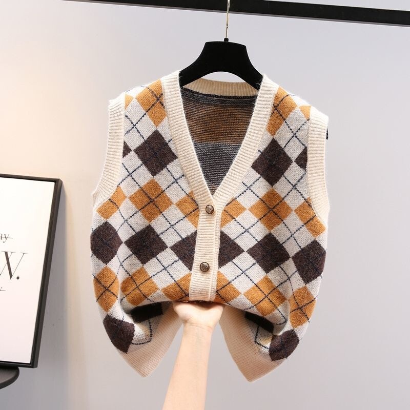 Diamond Plaid Retro Stacked Sweater Vest Women's Knitted Cardigan Jacket All-match Outer Wear v Waistcoat Vest Diamond Plaid Retro Stacked Sweater Vest Women's Knitted Cardigan Jacket All-match Outer Wear v Waistcoat Vest